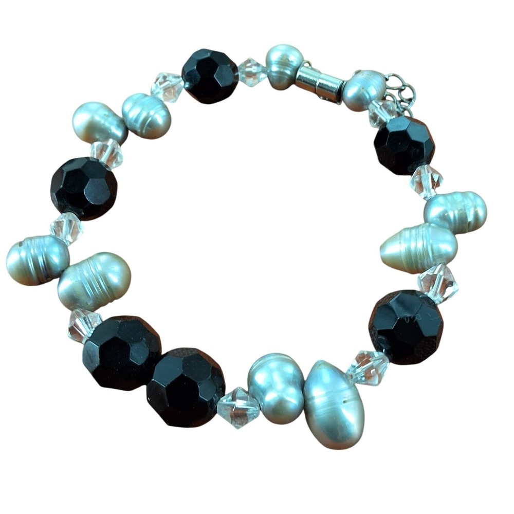 Grey Baroque Freshwater Pearl & Faceted Onyx Bracelet 7.5" Magnetic Clasp